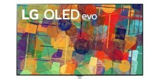 Front view of LG's 65-inch OLED evo G1 on its stand while displaying a colorful abstract artwork on its screen