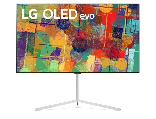 Front view of LG's 65-inch OLED evo G1 on its stand while displaying a colorful abstract artwork on its screen