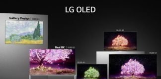 Five different OLED TV models from the LG 2021 TV lineup showcased in a dark room to really show off their sleek modern designs and self-lit panels that produce sharp and realistic pictures