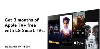 The promotional phrase ”Get 3 months of Apple TV+ free with LG Smart TVs” next to a TV displaying four popular shows available on Apple TV+.